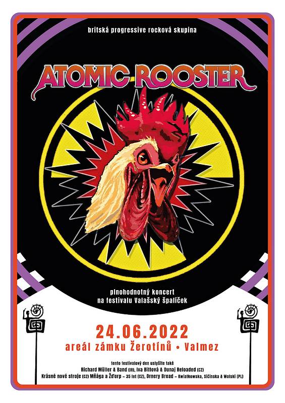 Festival Valašský špalíček slaví v roce 2022 čtyřicátiny. Uskuteční se od středy 22. do soboty 25. června. Plakát k vystoupení kapely Atomic Rooster