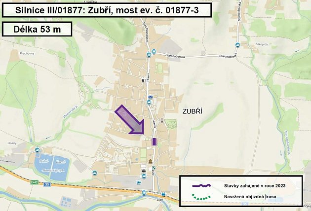 Mapa s vyznačením místa stavby nového mostu přes Hodorfský potok v Zubří.