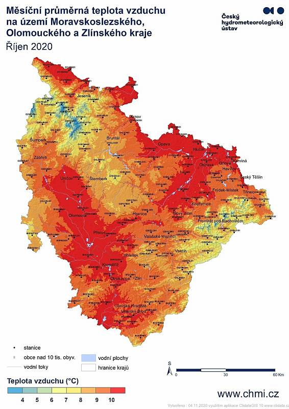 Měsíční průměrná teplota vzduchu na území Moravskoslezského, Olomouckého a Zlínského kraje - říjen 2020.