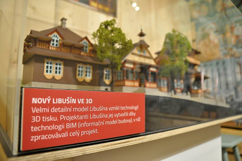 Detailní model obnovené chaty Libušín na Pustevnách vzniklý technologií 3D tisku; Valašské muzeum v přírodě v Rožnově, Sušák, 1. patro, srpen 2020