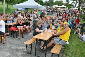 Diváci sledují účinkující na 25. ročníku hudebního festivalu Amfolkfest v Pulčíně u Francovy Lhoty; sobota 25. července 2020
