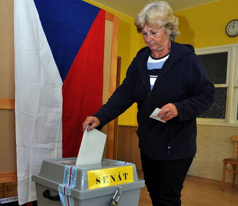 Žena vhazuje obálku s hlasovacím lístkem do volební urny při druhém kole senátních voleb v Čekance - denním stacionáři Naděje ve vsetínské místní části Rokytnice; Vsetín, sobota 20. října 2012.
