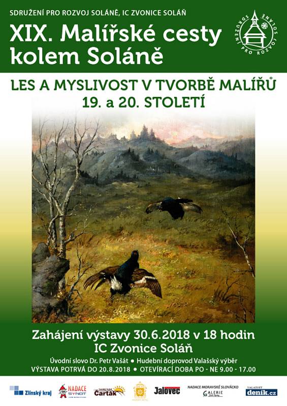 Plakát k výstavě Les a myslivost v tvorbě malířů 19. a 20. století - součást 19. ročníku Malířských cest kolem Soláně.