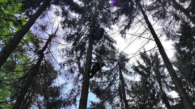 Členové Horské služby Beskydy zachraňují v sobotu 1. června 2019 paraglidistu z výšky asi dvaceti metrů pod Malou Stolovou.