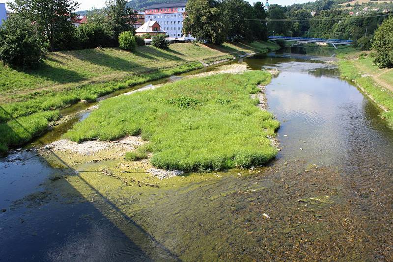 Namísto vody se v korytě Bečvy zelená rozlehlý ostrov.