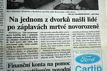 Zpráva o nálezu mrtvého novorozeněte ve Valašských novinách ze dne 15. července 1997.