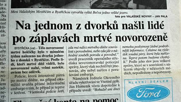 Zpráva o nálezu mrtvého novorozeněte ve Valašských novinách ze dne 15. července 1997.