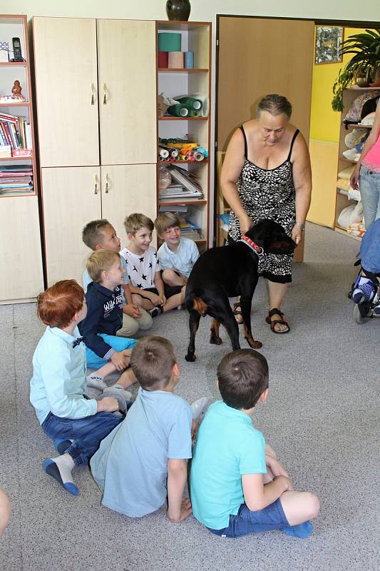 Akci Týden s Nadějí zahájil v pondělí 17. června 2019 program pro prvňáčky ze ZŠ Sychrov v denním stacionáři na Sychrově. Děti se zapojily do canisterapie s cvičenou fenkou Olinkou.