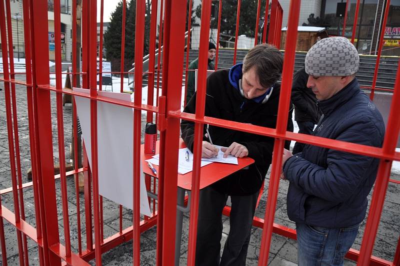 Sdružení Repelent21 protestující proti účasti zástupců KSČM v zastupitelstvu Zlínského kraje uspořádalo ve čtvrtek 7. února 2013 demonstraci před Domem kultury ve Vsetíně