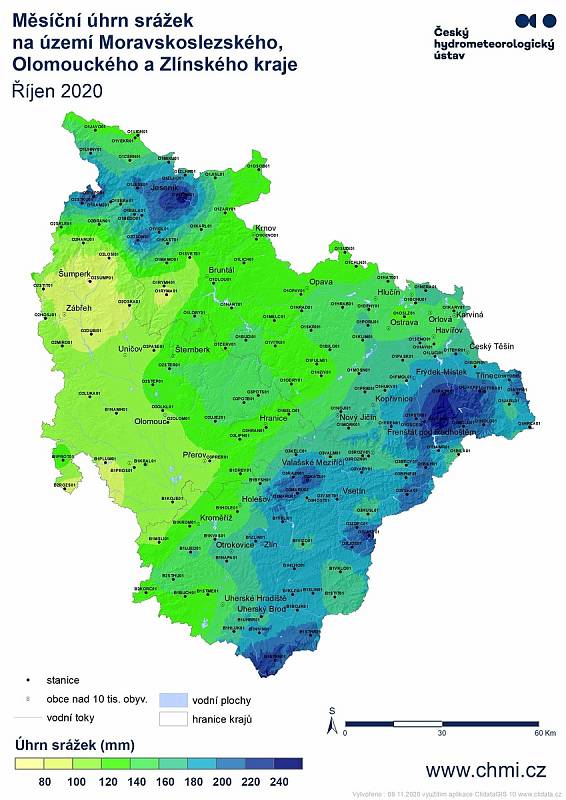 Měsíční úhrn srážek na území Moravskoslezského, Olomouckého a Zlínského kraje - říjen 2020.