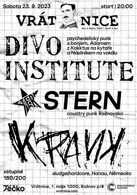 Kapely Divo Institute, KranK a Stern vystoupí v Hudebním klubu Vrátnice v Rožnově pod Radhoštěm - plakát