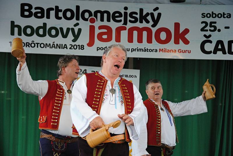 Folklorní soubor Mezříčan z Valašského Meziříčí doprovázený Cimbálovou muzikou Jiřího Nechanického se prezentuje na Bartolomějském hodovém jarmarku v Čadci; neděle 26. srpna 2018