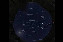 Noční obloha nad vsetínskou hvězdárnou pro den 15. dubna 22:00 hodin.