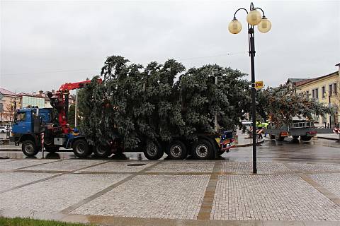 Přivezení a instalace vánočního stromu na Masarykově náměstí v Rožnově pod Radhoštěm; pondělí 21. listopadu 2022