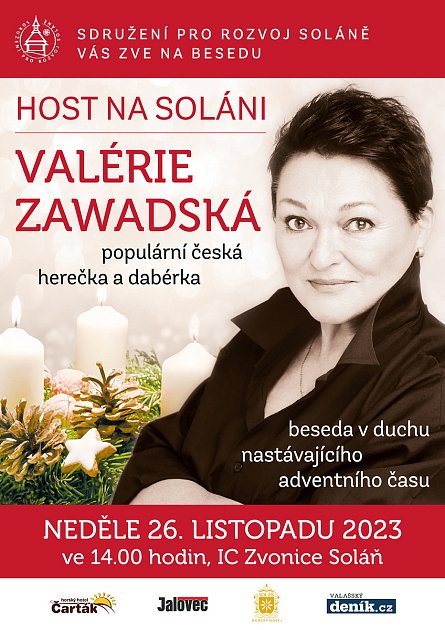 Plakát k besedě s herečkou a dabérkou Valérií Zawadskou v IC Zvonice na Soláni.
