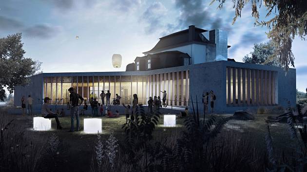 Architektonický návrh podoby budoucí přístavby rožnovské městské knihovny od studia Čtyřstěn.
