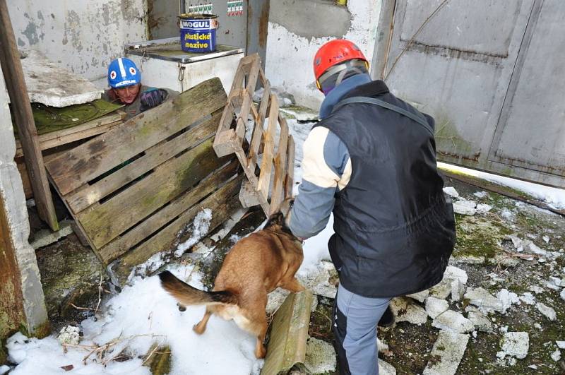 Ve Valašských Příkazech se v sobotu 10. března 2012 sešli majitelé záchranářských psů. Trénovali v rozbořené hale