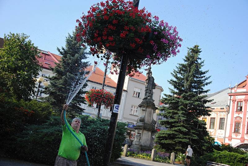 Daniel Číp ze střediska zeleně společnosti Městské lesy a zeleň Valašské Meziříčí zalévá ve středu 1. srpna 2018 květiny a keře v centru města.