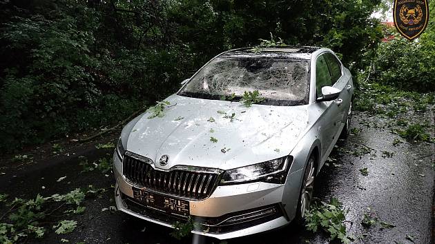 Na osobní automobil Škoda Superb spadl u Valašského Meziříčí vzrostlý strom; pondělí 7. srpna 2023