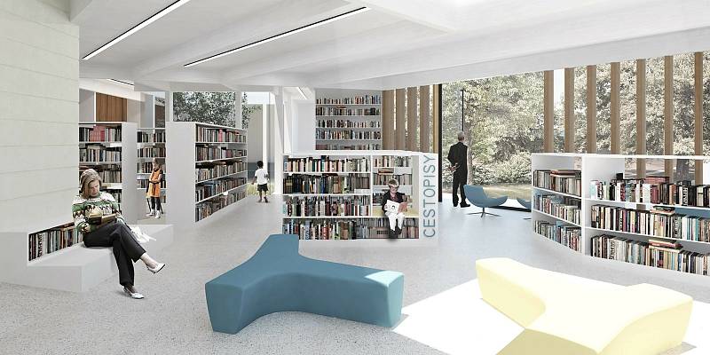 Architektonický návrh podoby interiéru budoucí přístavby rožnovské městské knihovny od studia Čtyřstěn.