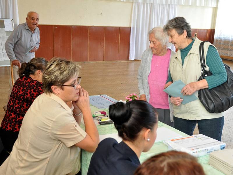 Nejstarší obyvatelka Zlínského kraje Vlastimila Češková (v růžovém), která letos na jaře oslavila 108 let, přišla v pátek 25. října 2013 do volební místnosti ve své obci jako první hned s úderem 14. hodiny. Doprovodila ji dcera Jana Kalhousová.