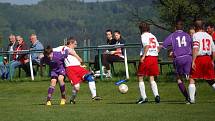 Fotbalisté Loučky (fialové dresy) doma porazili Kateřinice B 5:1.