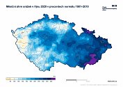 Měsíční úhrn srážek v říjnu 2020 v procentech normálu 1981 - 2010