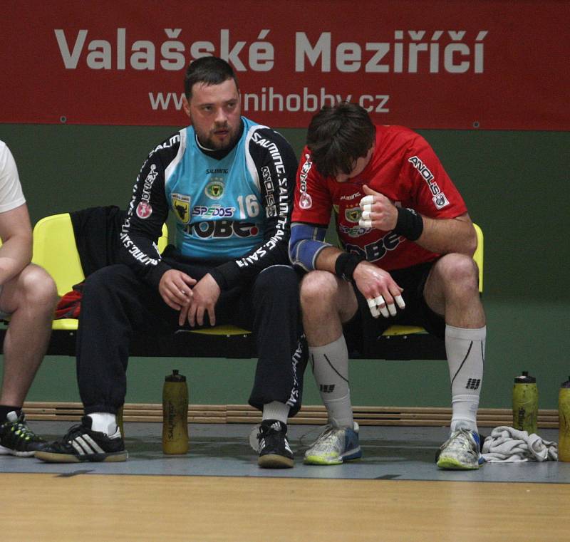 Házenkáři Zubří (v červeném) v rozhodujícím 5. zápase play-off o bronzové medaile ve středu ve své hale hostili Lovosice.