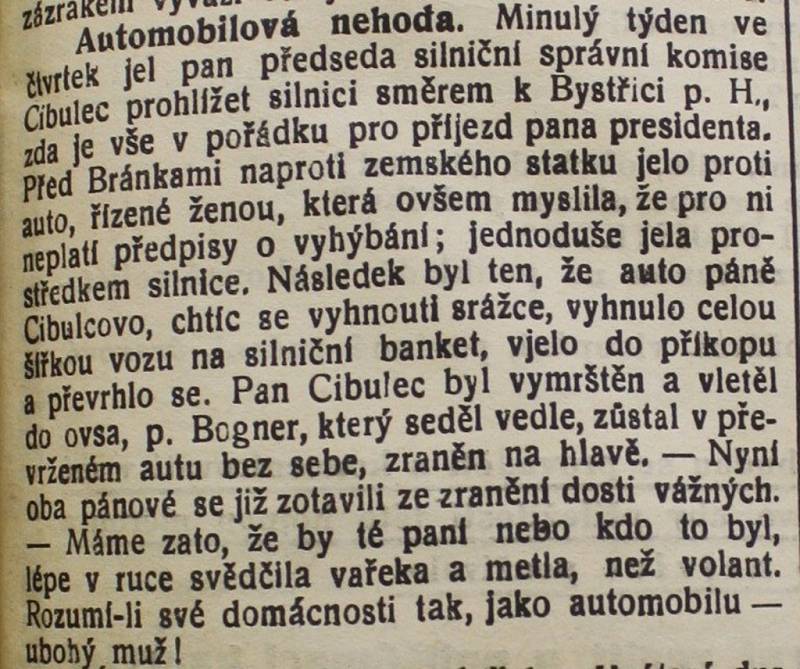 Dopravní nehoda při kontrole cesty po, které měl přijet Masaryk. Z vydání Novin z pod Radhoště ze dne 30. června 1928.  Originál uložen ve Státním okresním archivu Vsetín.