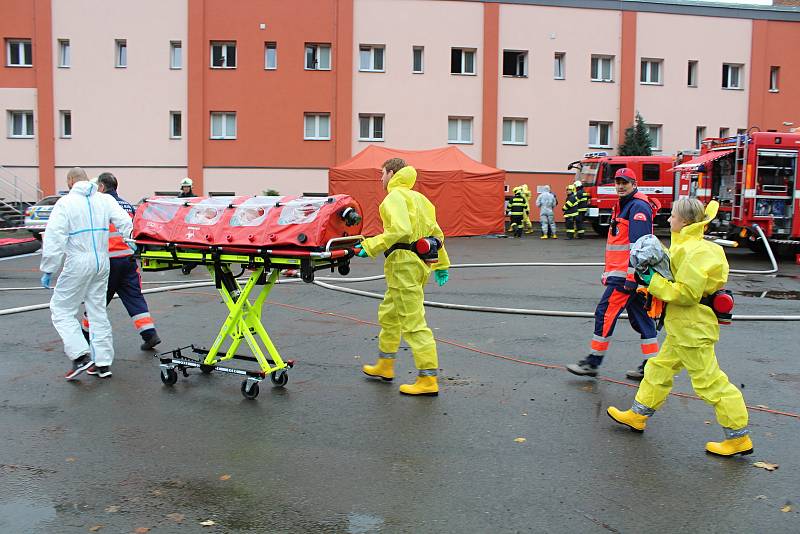 Policisté uzavřeli neprodyšně v úterý v 9 hodin ráno prostranství u stadionu na Ohradě. Všechny složky Integrovaného záchranného systému se tu sjely, aby nacvičily záchyt pacienta s vysoce nakažlivou nemocí.