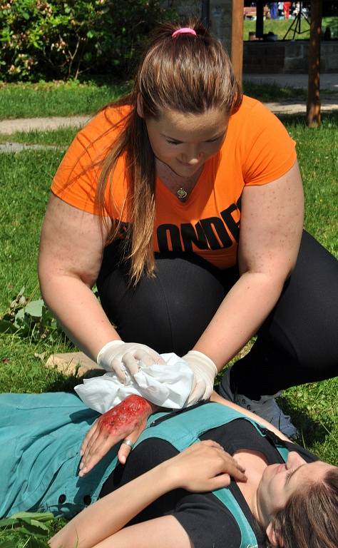 Studentky Střední zdravotnické školy a Masarykova gymnázia ve Vsetíně při školním kole soutěže v poskytování první pomoci; Vsetín, Panská zahrada, čtvrtek 11. června 2015