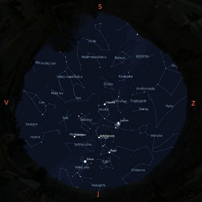 Noční obloha nad vsetínskou hvězdárnou 15. ledna ve 22:00 hodin.