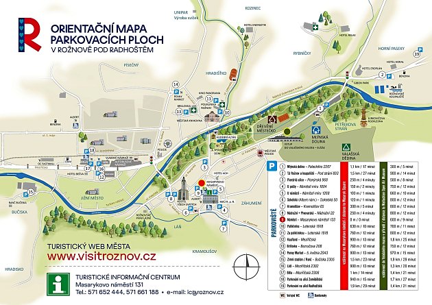 Mapka s možnostmi parkování, kterou pro velikonoční prodloužený víkend (16. - 18. dubna 2022) připravilo město Rožnov pod Radhoštěm spolu s Valašským muzeem v přírodě a městskou policií.