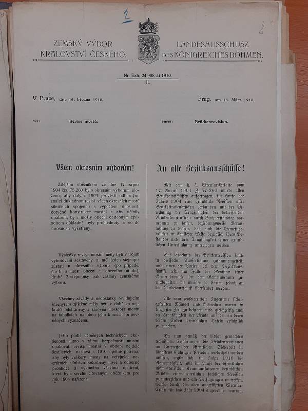 Celostátní nařízení ke kontrole mostů z roku 1910. Ofoceno z dokumentů v Krajském státním archivu v Kutné Hoře.