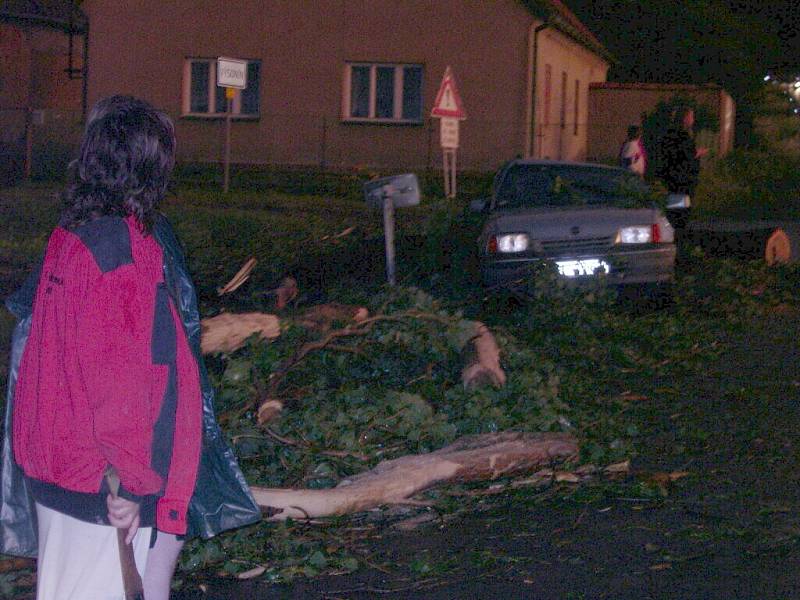 TOPOL ROZČÍSL ZAPARKOVANÉ AUTO. Obrovské štěstí měli lidé, kteří se cestou z pohřbu zastavili v Motorestu Skalka mezi Nasavrky a Slatiňanami. To jim zachránilo život. Na hlavním tahu se pak tvořily dlouhé kolony, hasiči musel topol rozřezat a odklidit.