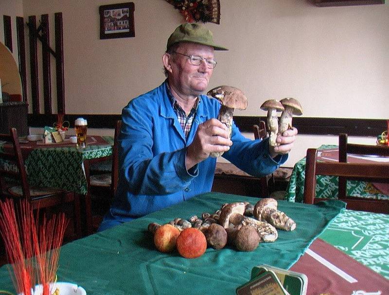 Ve Skutči zapršelo a pan Smělý opět zazářil a přišel se pochlubit s překrásným úlovkem křemenáčů do místní hospůdky.