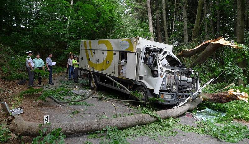 Řidiči chladícího vozu Iveco spadla na silnici ve směru od Hradiště do Nasavrk na auto spadla těžká buková větev. Nehodu nepřežil.