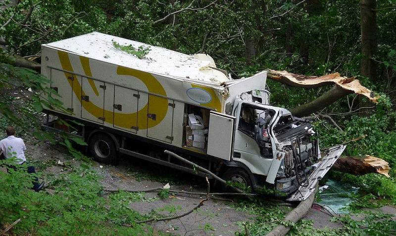 Řidiči chladícího vozu Iveco spadla na silnici ve směru od Hradiště do Nasavrk na auto spadla těžká buková větev. Nehodu nepřežil.