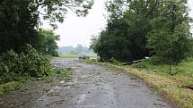 Rosice a Synčany. Polámané stromy, zničené střechy. "Uzavřena je aktuálně cesta Rosice Synčany kolem hřiště, Synčany - rybník a cyklostezka Rosice - Chrast. Prosím, dávejte pozor, nechoďte " na o hlídku" vesnice. Všude hrozí pády stromů a větví, střešní k