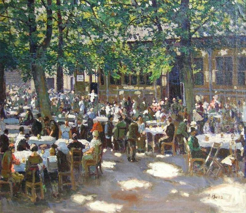 Zahradní restaurace Na Sklepích ve Wiesnerových sadech (1926) - Josef Mareš - impresionistický olej na plátně