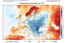 Předpověď teplotní odchylky na sedm dní na přelomu května a června v Evropě