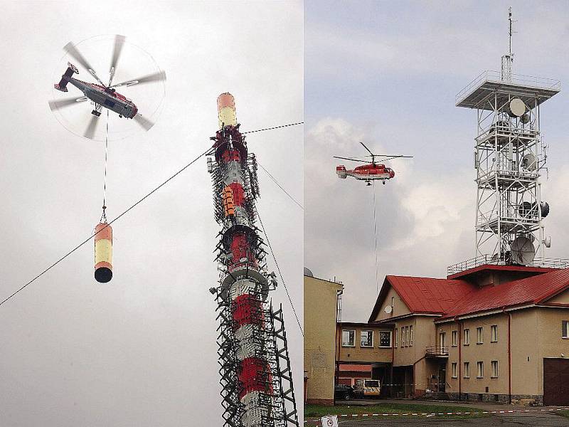 Vrtulník Kamov mění anténu na vysílači v Krásném.