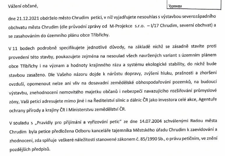 Odpověď města na petici Třibřich, část 2