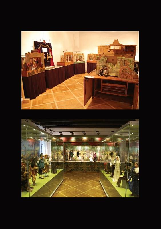 Proměny expozice MLK, 1. patro, na snímku nahoře původní expozice, 2011 / na snímku dole nová expozice Magický svět loutek, Kočovní marionetáři, 2013 – dosud