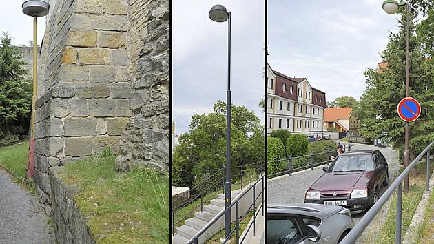 Na několika desítkách metrů chodníku pod chrudimskými hradbami lze najít hned tři typy svítidel. 