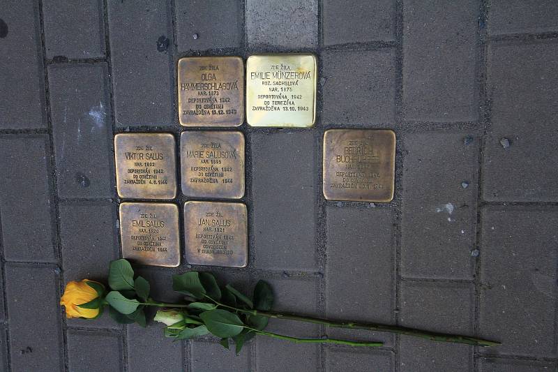 Kameny zmizelých připomínají rodinu Salusovu před jejím domem v Poděbradově ulici.