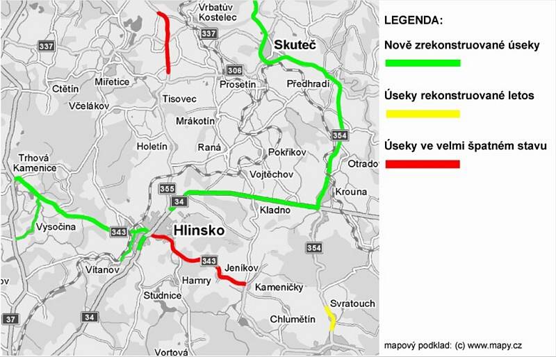 Mapa problémových úseků silnic na Hlinecku