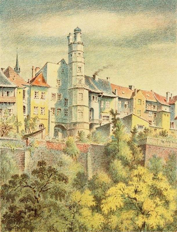 Dvojvěží Mydlářovského domu - Antonín Morávek - barevná litografie z r. 1958