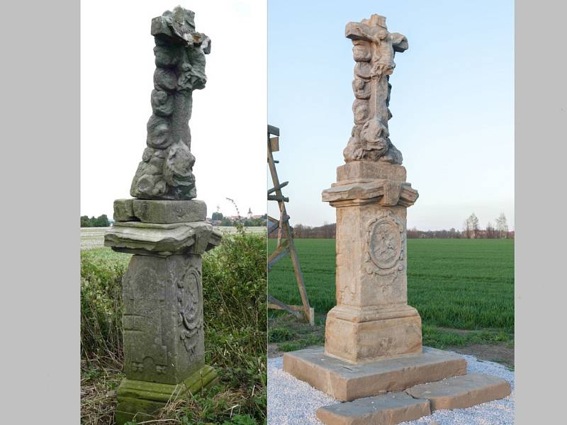 Barokní kříž na Vrchách v Jičíně - před a po opravě.