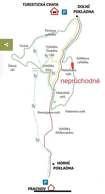 Část zelené trasy bude nejspíš neprůchozí celou letošní sezónu. Turisté si musí cestu zkrátit a z vyhlídek se vracet zpátky na červenou.